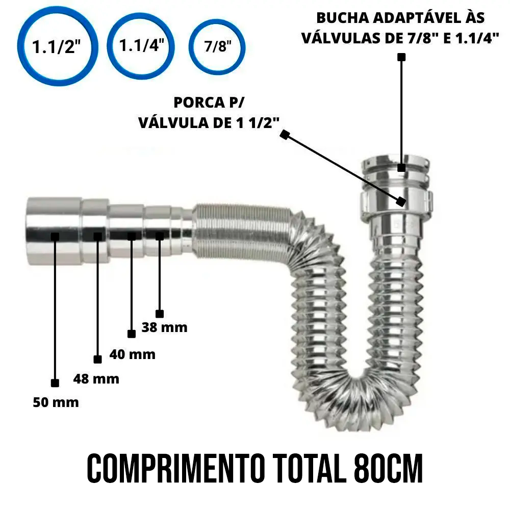 Sifão Metalizado Universal Cromado Flexível 80 cm. 50/48/40/38mm 7/8" 1.1/4" 1.1/2" C-188 Saint Plus - Imagem 2