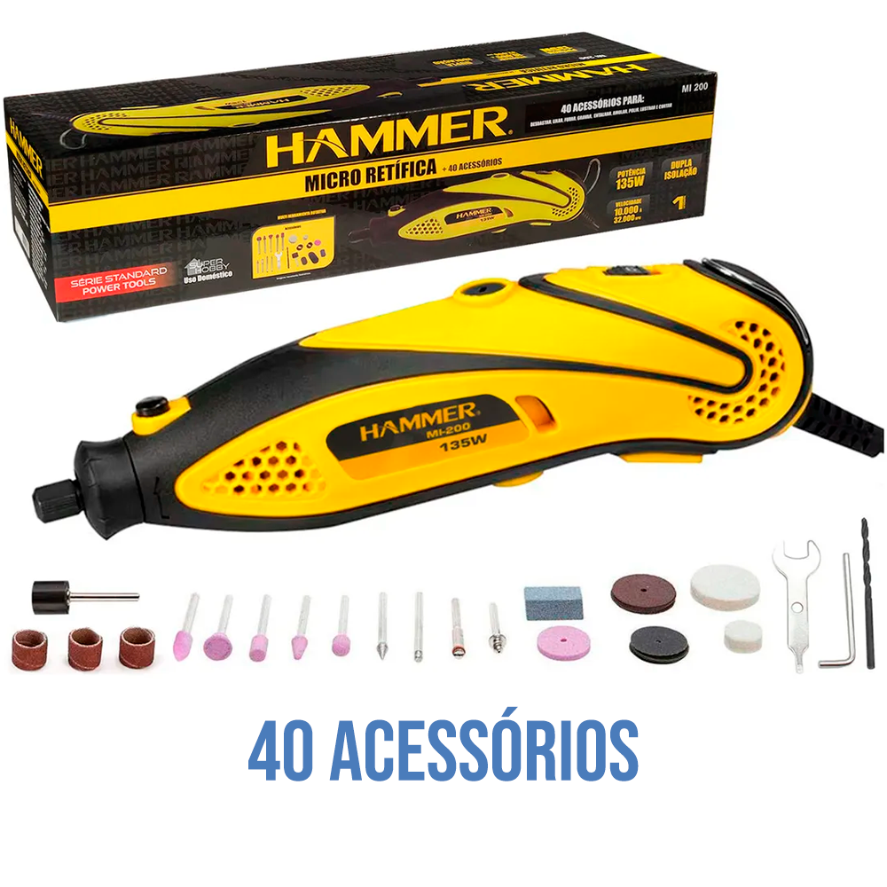 Micro Retífica 135W com 40 acessórios 127V Hammer Desbastar Lixar Furar Gravar Entalhar Amolar Polir Lustrar e Cortar