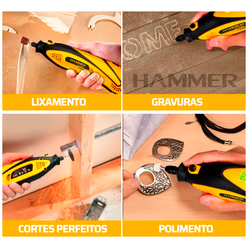 Micro Retífica 135W com 40 acessórios 127V Hammer Desbastar Lixar Furar Gravar Entalhar Amolar Polir Lustrar e Cortar - Imagem 3